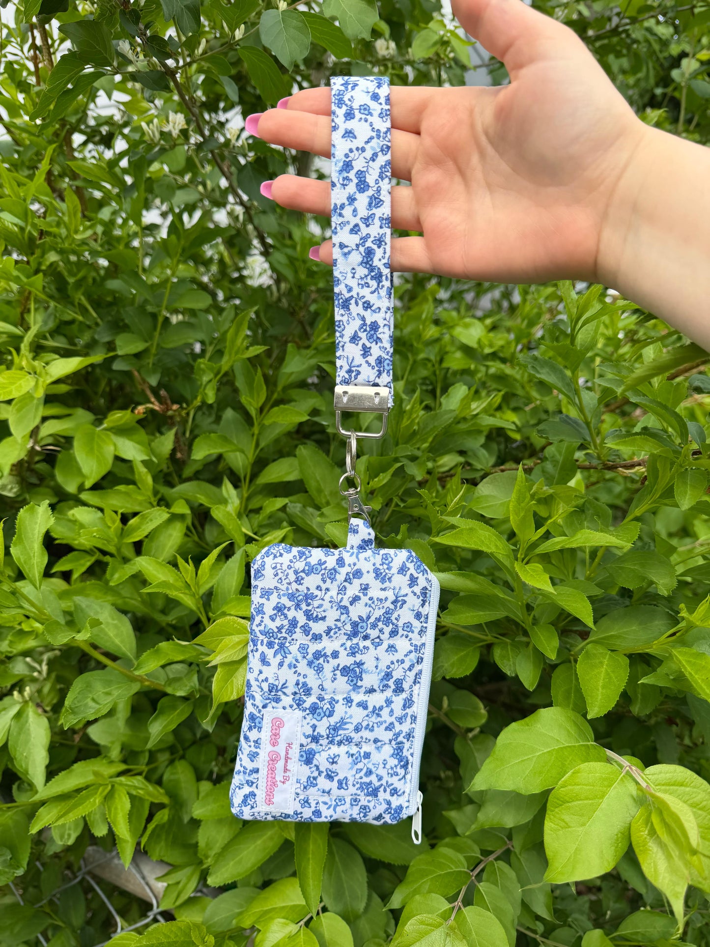 Cute Blue Floral Keychain Wristlet and Wallet