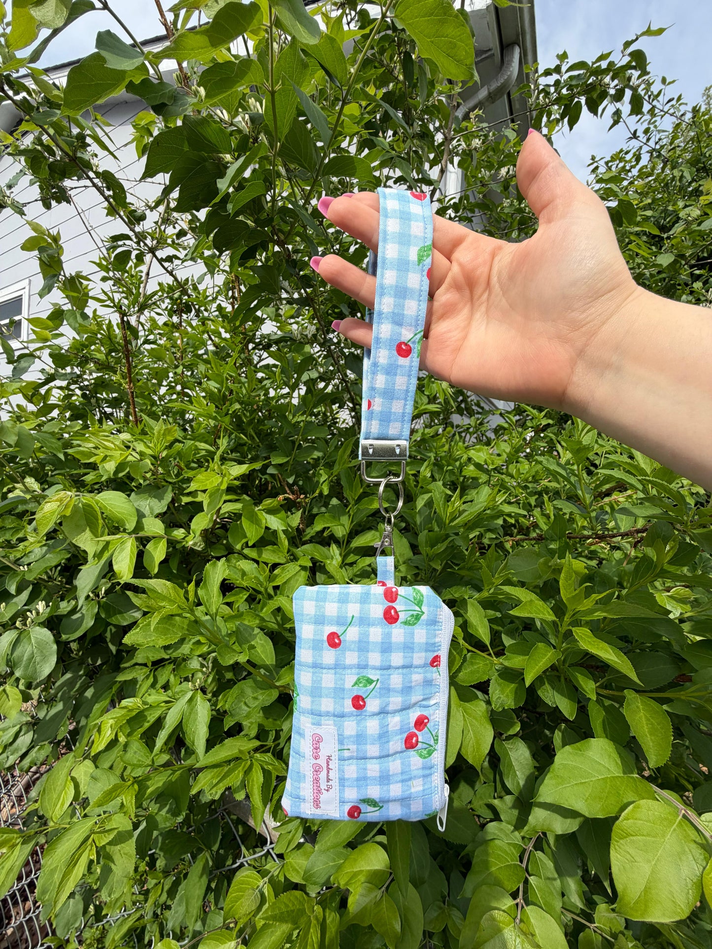 Cute Cherry & Blue Square Pattern Keychain Wristlet and Wallet