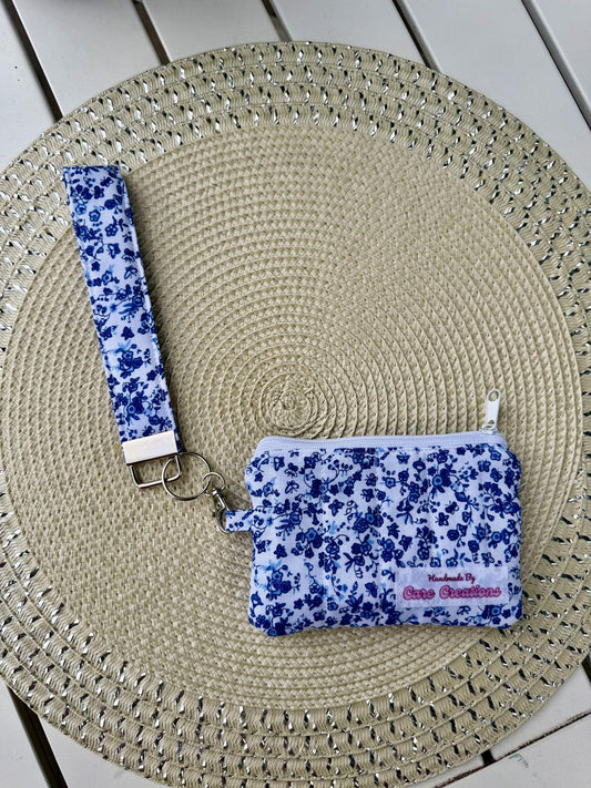 Cute Blue Floral Keychain Wristlet and Wallet
