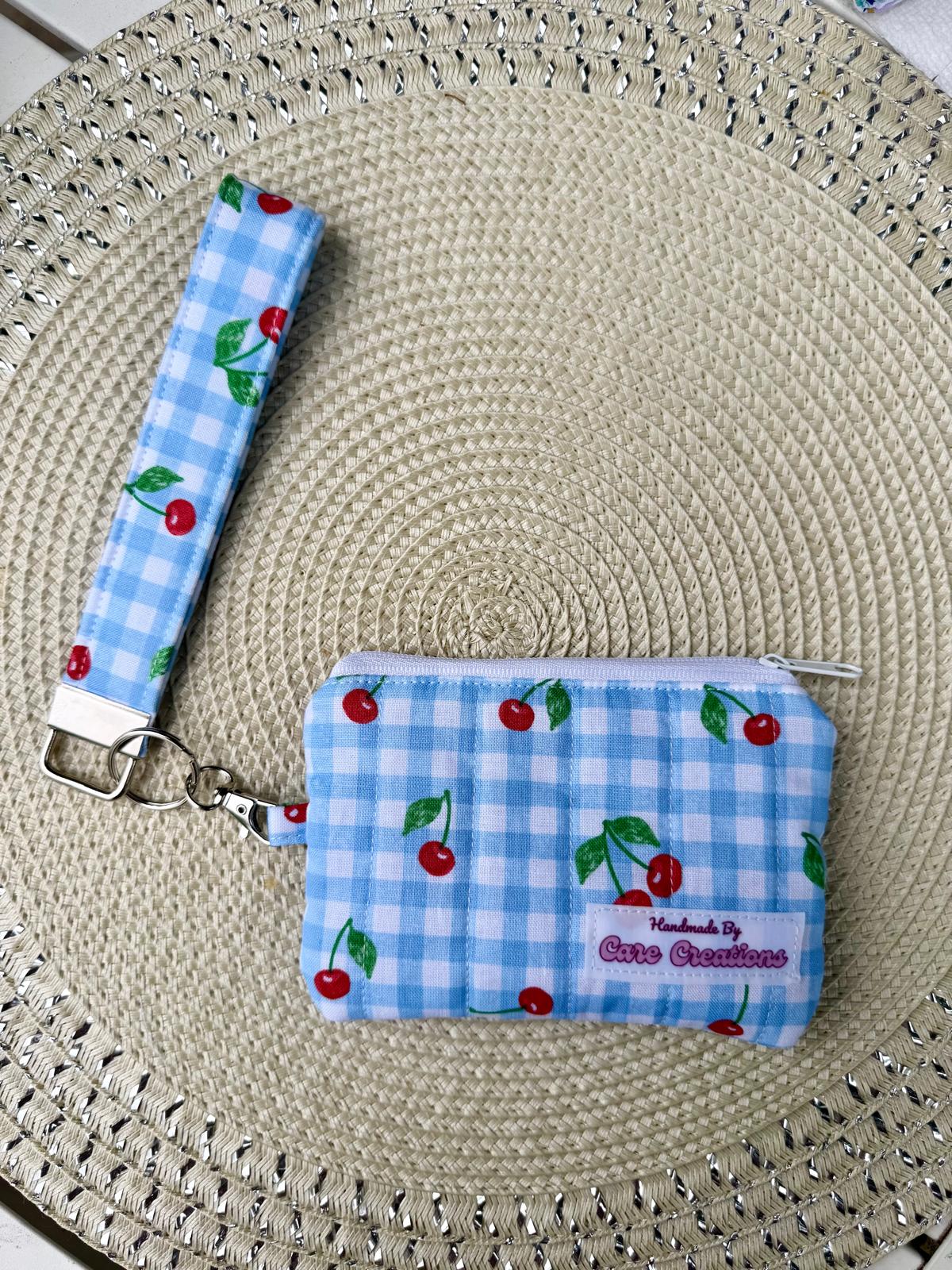 Cute Cherry & Blue Square Pattern Keychain Wristlet and Wallet