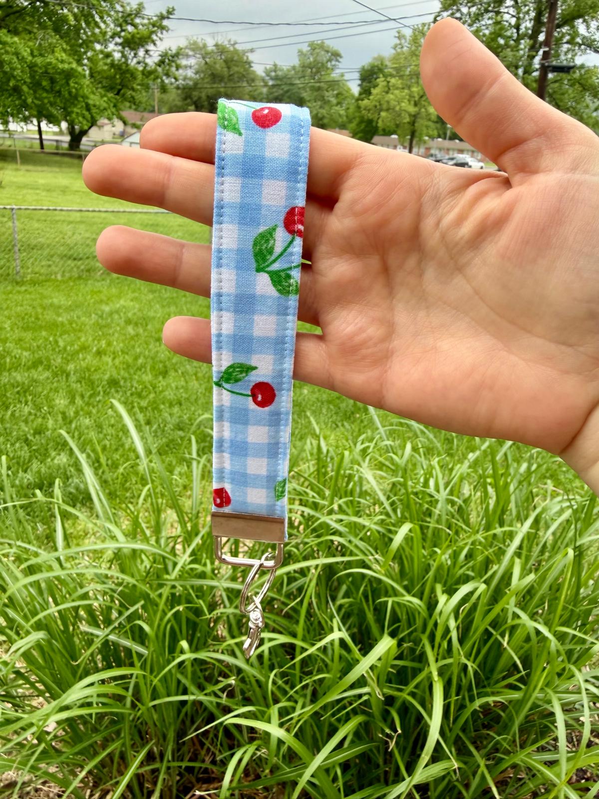 Cute Cherry & Blue Square Pattern Keychain Wristlet and Wallet