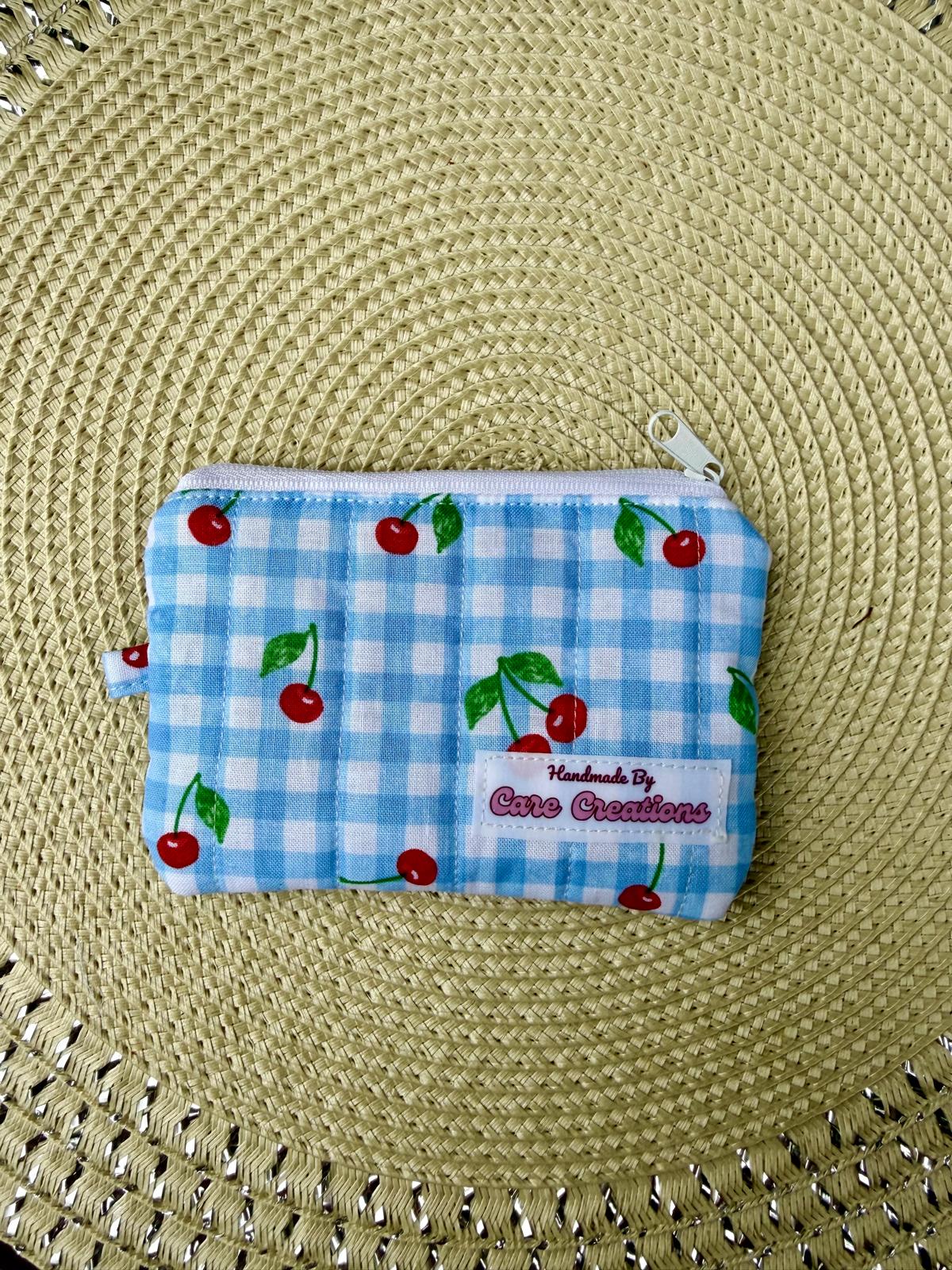 Cute Cherry & Blue Square Pattern Keychain Wristlet and Wallet