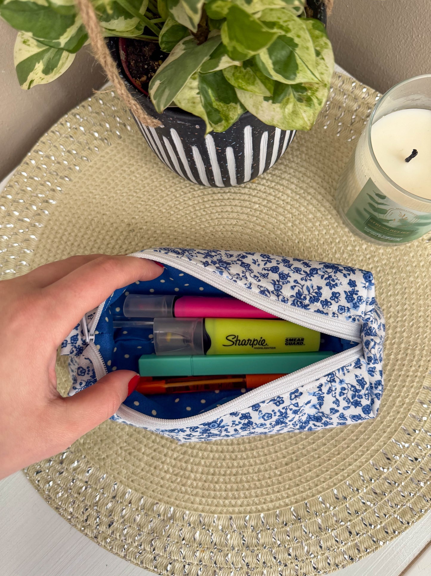 Cute Blue Floral Print Pencil & Makeup Case