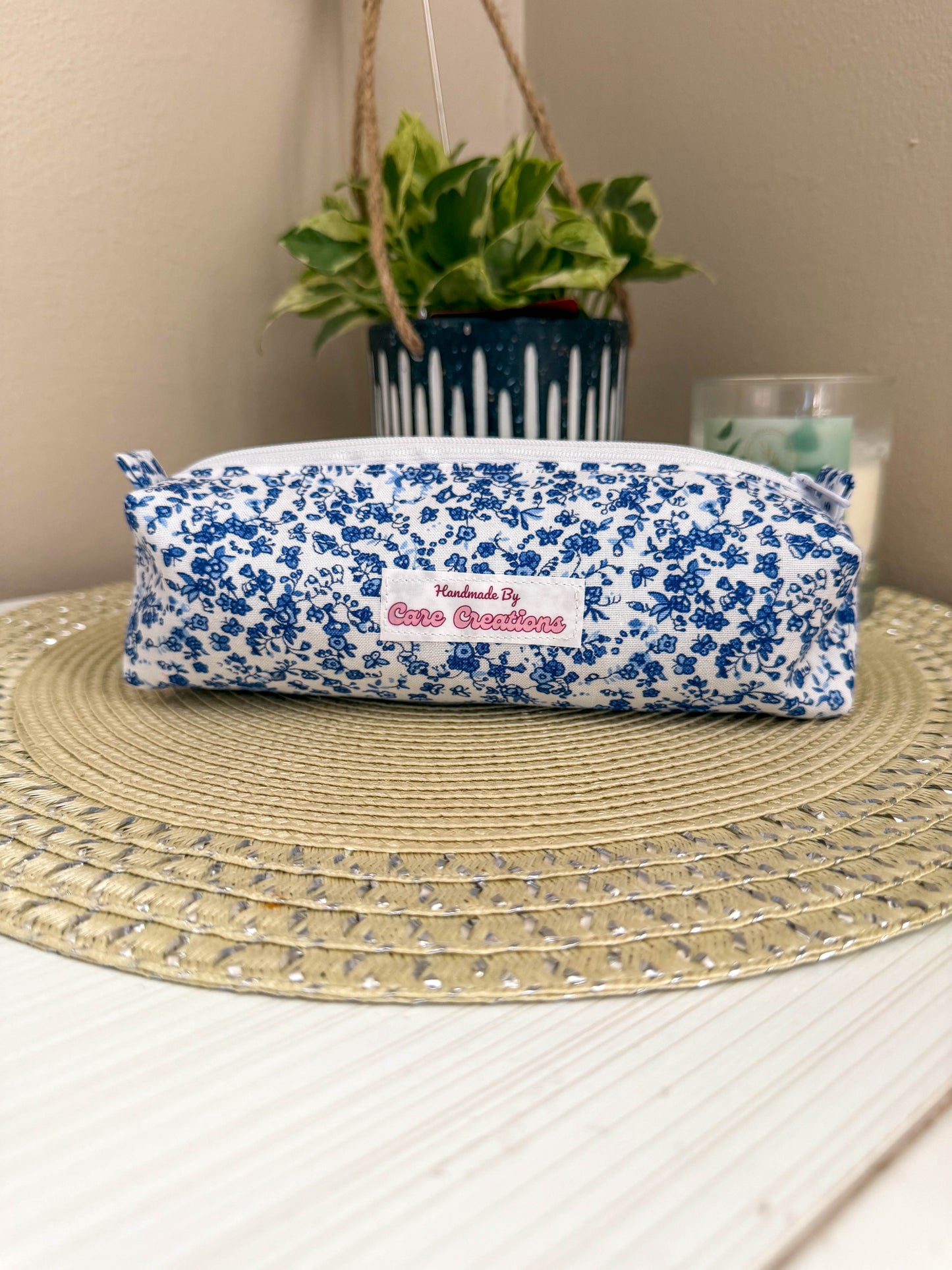 Cute Blue Floral Print Pencil & Makeup Case