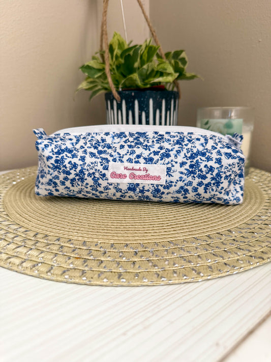 Cute Blue Floral Print Pencil & Makeup Case