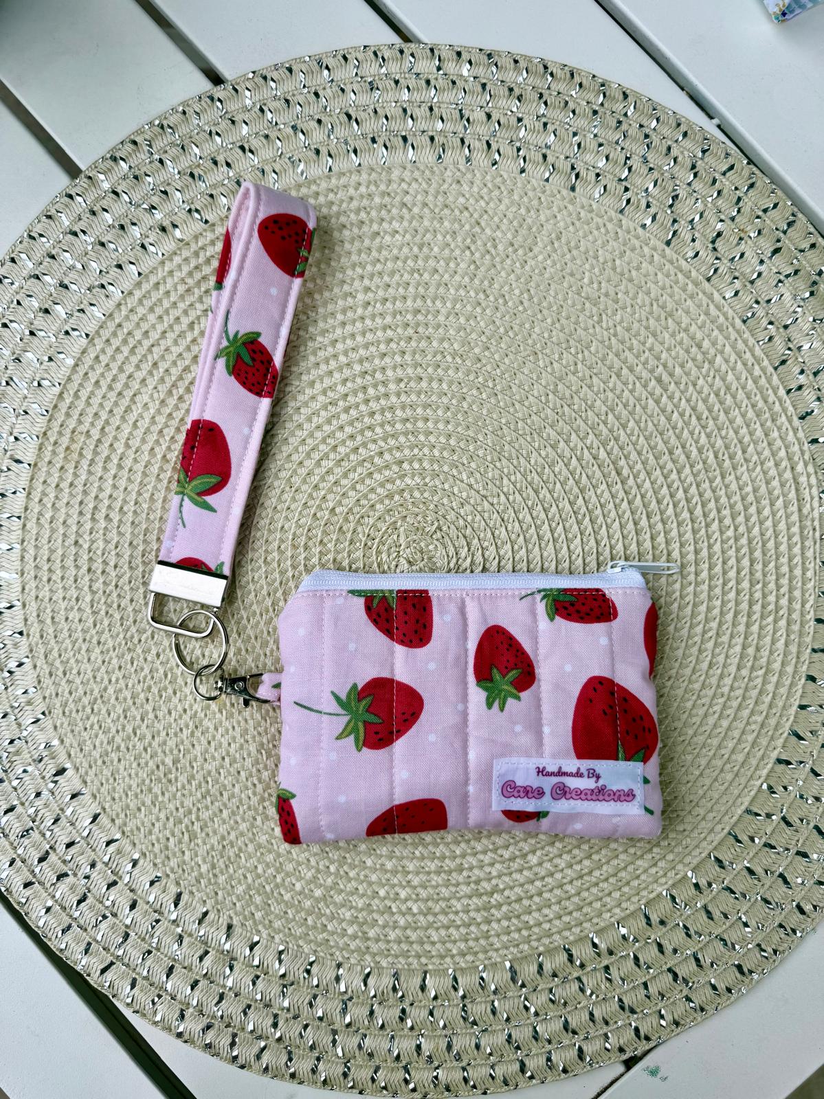 Cute Strawberry-Themed Keychain Wristlet and Wallet